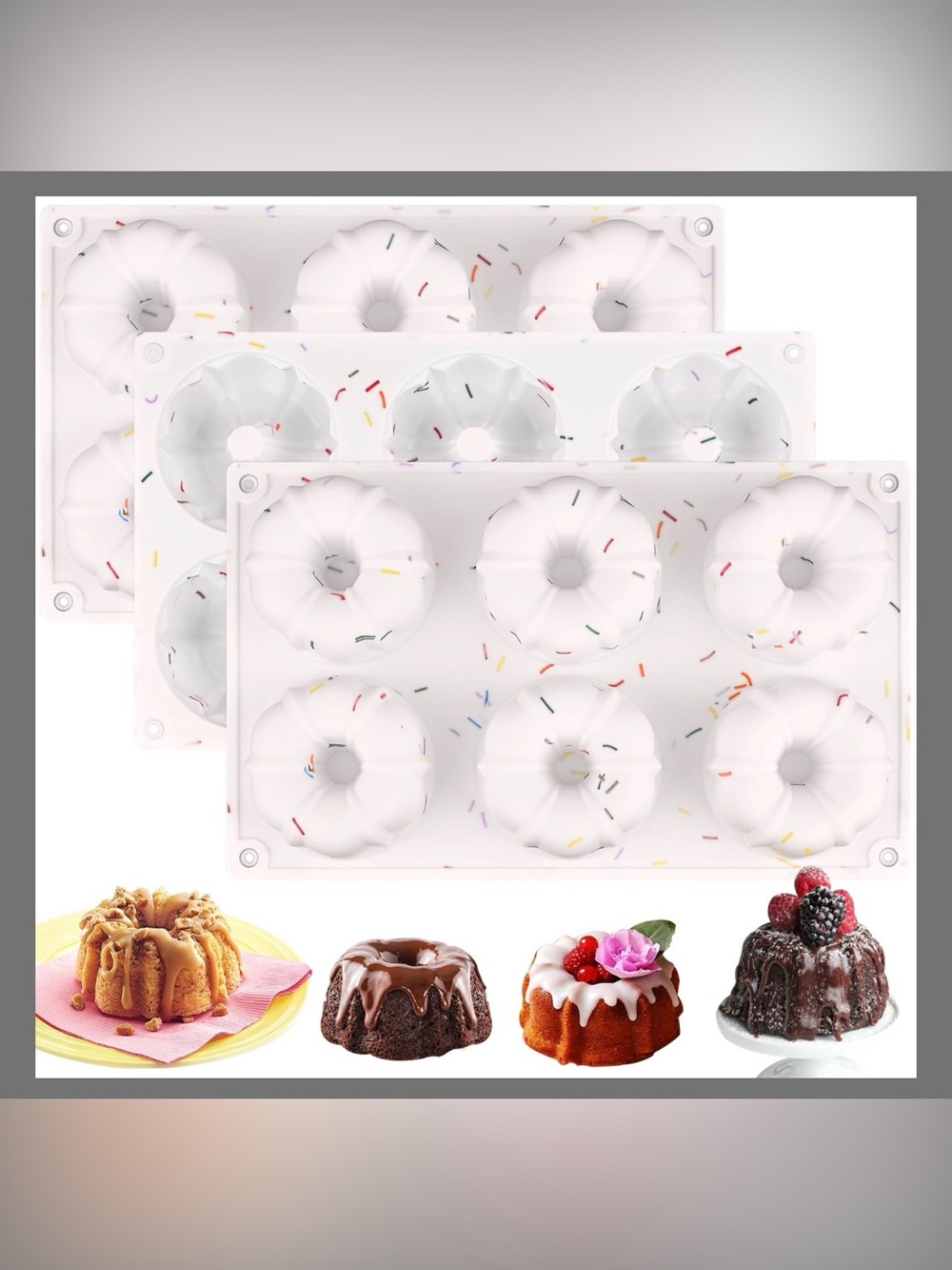 3 Pcs - Silicone Mini Bundt Ring Baking Mold 6-Cavity Non-Stick White Multicolor